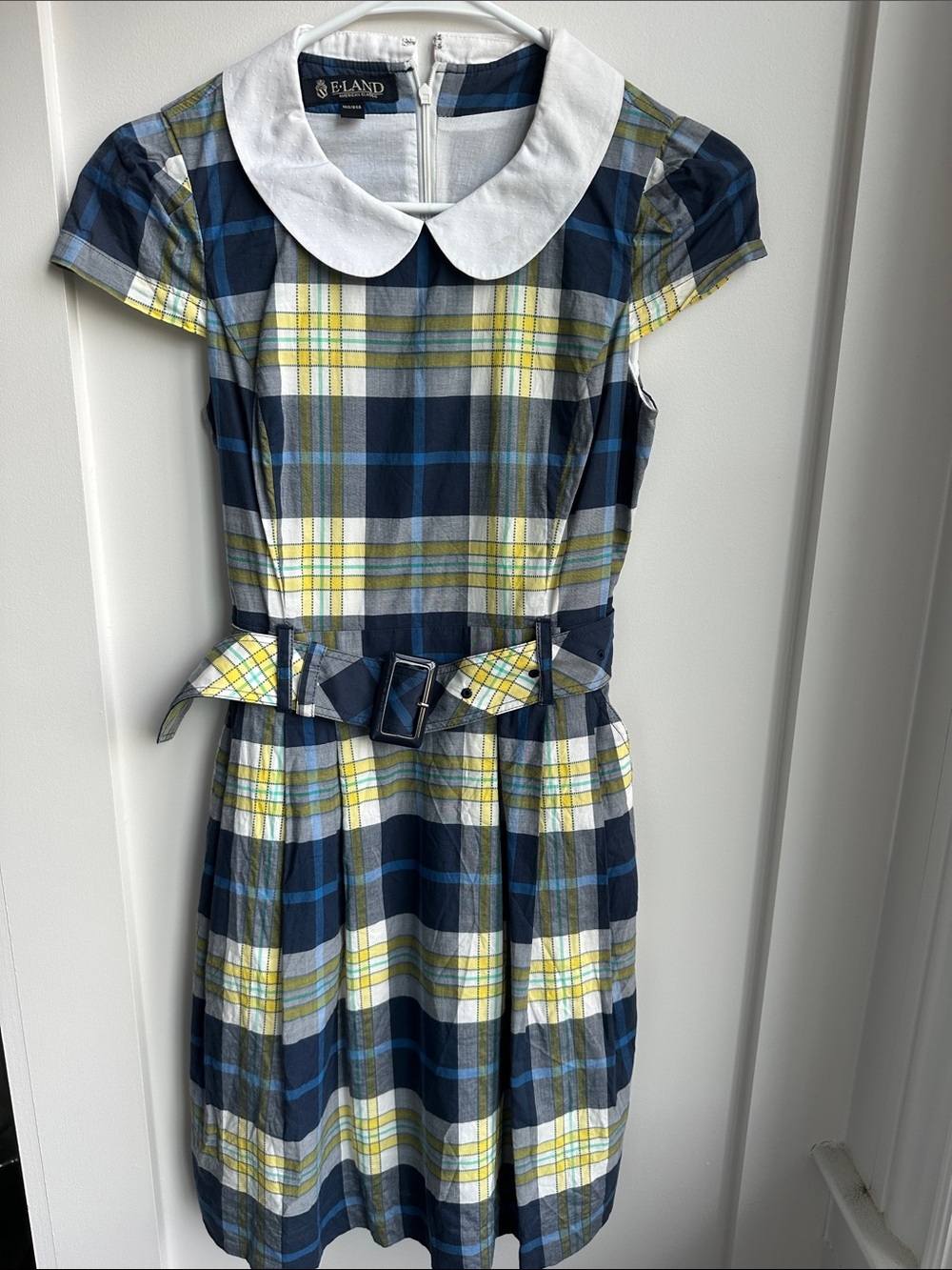 Navy, Yellow & White Plaid Peter Pan Collar Dress for Girls
